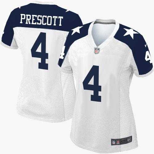 Women's Nike Dallas Cowboys #4 Dak Prescott White Thanksgiving Throwback Stitched NFL Elite Jersey