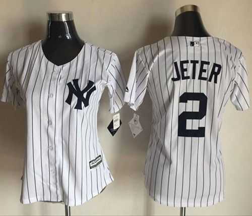 Women's New York Yankees #2 Derek Jeter White Strip Fashion Stitched Baseball Jersey