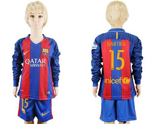 Barcelona #15 Bartra Home Long Sleeves Kid Soccer Club Jersey