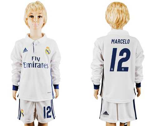 Real Madrid #12 Marcelo Home Long Sleeves Kid Soccer Club Jersey