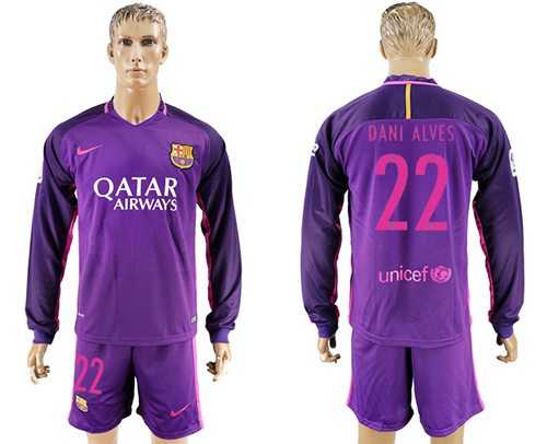 Barcelona #22 Dani Alves Away Long Sleeves Soccer Club Jersey