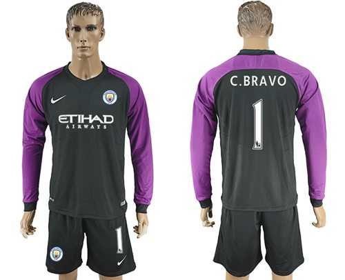 Manchester City #1 C.Bravo Black Goalkeeper Long Sleeves Soccer Club Jersey