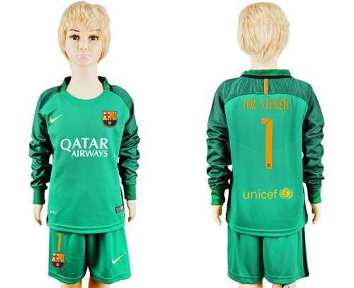 Barcelona #1 Ter Stegen Green Goalkeeper Long Sleeves Kid Soccer Club Jersey