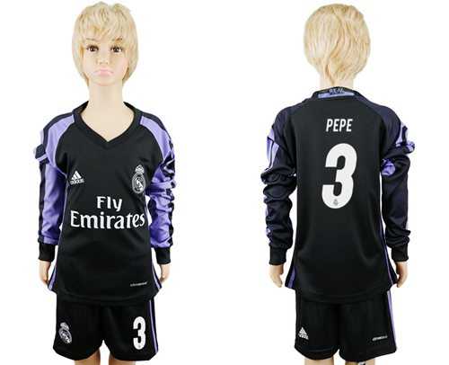 Real Madrid #3 Pepe Sec Away Long Sleeves Kid Soccer Club Jersey