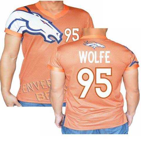 Denver Broncos Orange #95 Derek Wolfe Stretch Name Number Player Personalized Blue Mens Adults NFL T-Shirts Tee Shirts