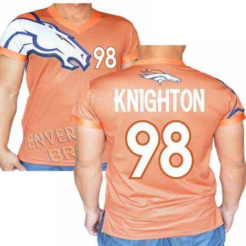 Denver Broncos Orange #98 Knighton Stretch Name Number Player Personalized Blue Mens Adults NFL T-Shirts Tee Shirts