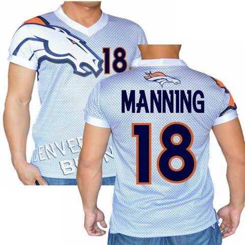 Denver Broncos White #18 Peyton Manning Stretch Name Number Player Personalized Blue Mens Adults NFL T-Shirts Tee Shirts