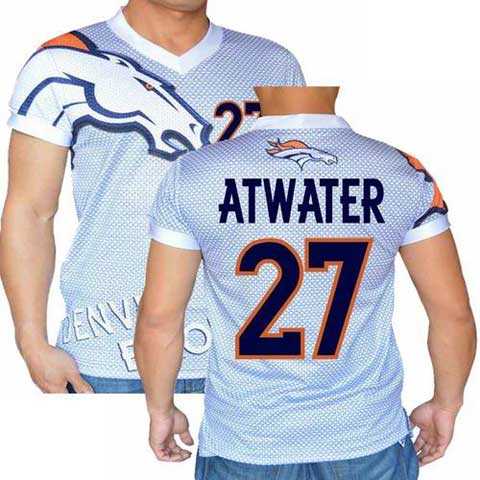 Denver Broncos White #27 Steve Atwater Stretch Name Number Player Personalized Blue Mens Adults NFL T-Shirts Tee Shirts