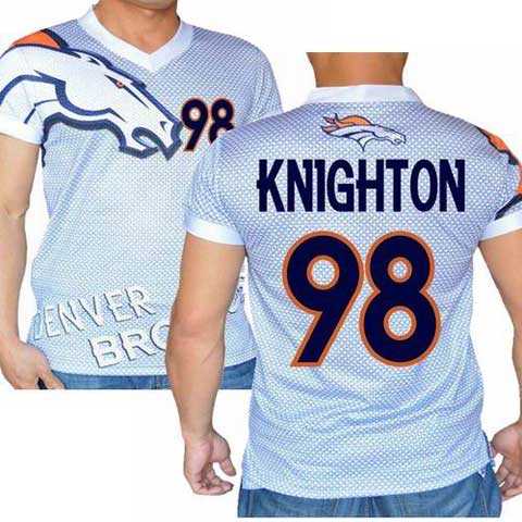 Denver Broncos White #98 Knighton Stretch Name Number Player Personalized Blue Mens Adults NFL T-Shirts Tee Shirts