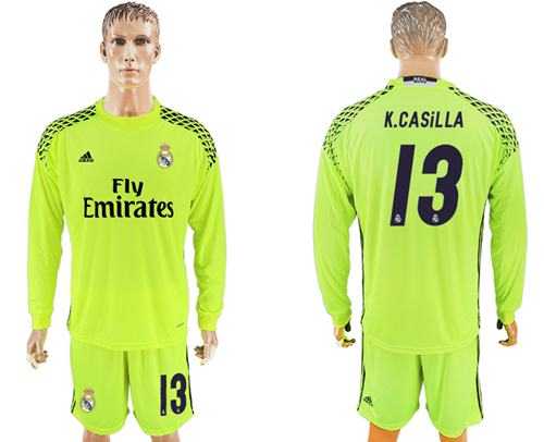 Real Madrid #13 K.Casilla Shiny Green Goalkeeper Long Sleeves Soccer Club Jersey