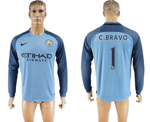Manchester City #1 C.Bravo Home Long Sleeves Soccer Club Jersey