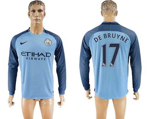 Manchester City #17 De Bruyne Home Long Sleeves Soccer Club Jersey