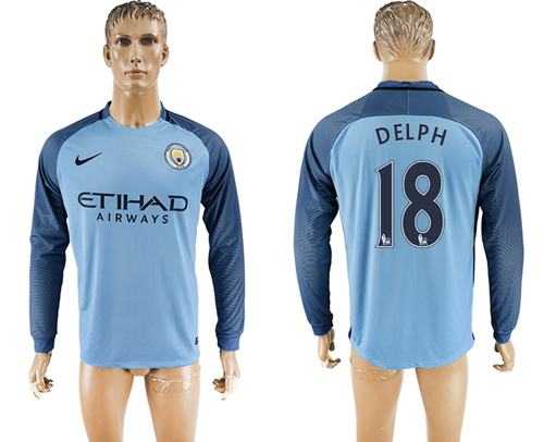Manchester City #18 Delph Home Long Sleeves Soccer Club Jersey