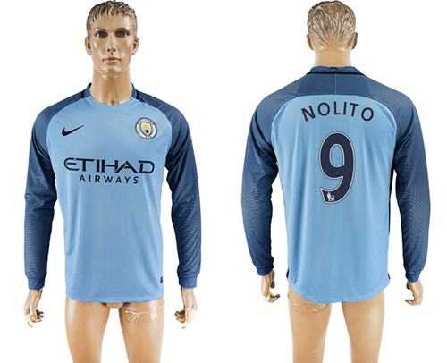 Manchester City #9 Nolito Home Long Sleeves Soccer Club Jersey