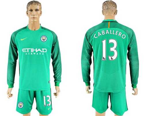Manchester United #13 Caballero Green Goalkeeper Long Sleeves Soccer Club Jersey