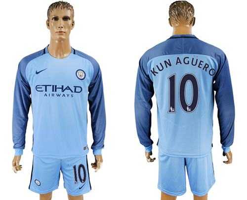 Manchester City #10 Kun Aguero Home Long Sleeves Soccer Club Jersey