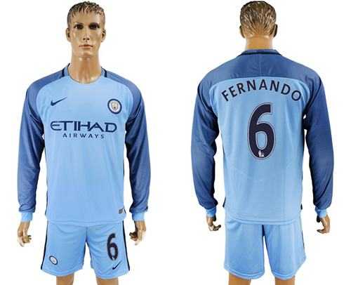 Manchester City #6 Fernando Home Long Sleeves Soccer Club Jersey