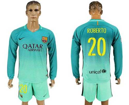 Barcelona #20 Roberto Sec Away Long Sleeves Soccer Club Jersey