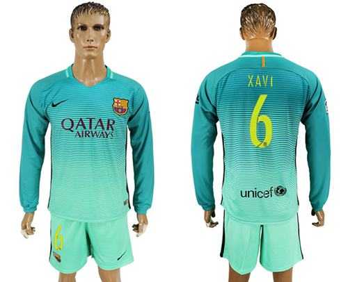 Barcelona #6 Xavi Sec Away Long Sleeves Soccer Club Jersey