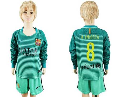 Barcelona #8 A.Iniesta Sec Away Long Sleeves Kid Soccer Club Jersey