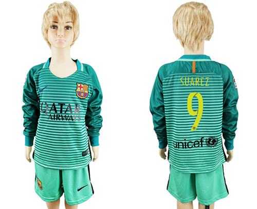Barcelona #9 Suarez Sec Away Long Sleeves Kid Soccer Club Jersey