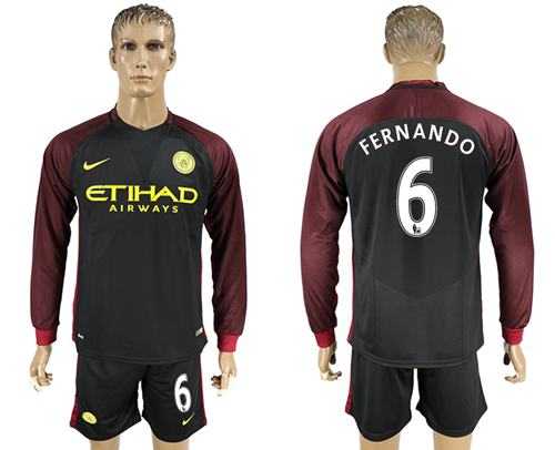 Manchester City #6 Fernando Away Long Sleeves Soccer Club Jersey