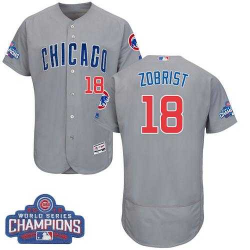 Men's Chicago Cubs #18 Ben Zobrist Grey Flexbase Authentic Collection Road 2016 World Series Champions Stitched Baseball Jersey