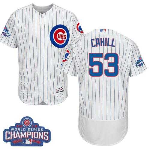 Men's Chicago Cubs #53 Trevor Cahill White Flexbase Authentic Collection 2016 World Series Champions Stitched Baseball Jersey