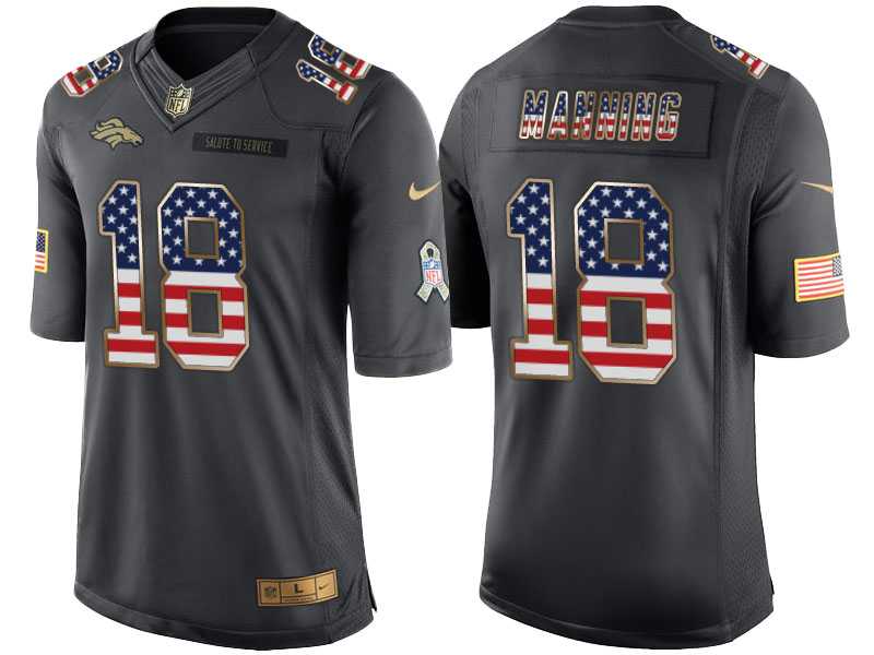 Men's Nike Denver Broncos #18 Peyton Manning Anthracite Stitched NFL Limited Salute to Service USA Flag Fashion Jersey