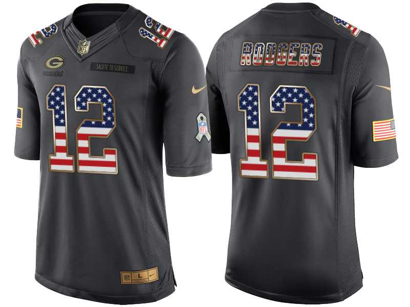 Men's Nike Green Bay Packers #12 Aaron Rodgers Anthracite Stitched NFL Limited Salute to Service USA Flag Fashion Jersey