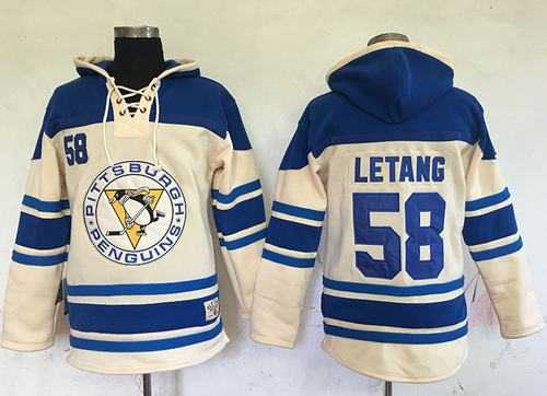 Men's Pittsburgh Penguins #58 Kris Letang Cream Sawyer Hooded Sweatshirt Stitched NHL Jersey