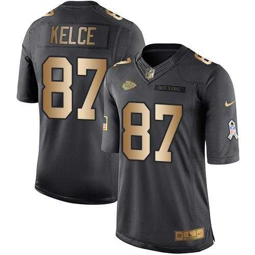 Nike Kansas City Chiefs #87 Travis Kelce Anthracite Men's Stitched NFL Limited Gold Salute To Service Jersey
