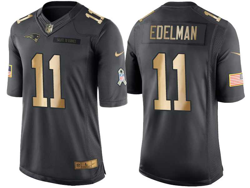 Nike New England Patriots #11 Julian Edelman Anthracite 2016 Christmas Gold Men's NFL Limited Salute to Service Jersey
