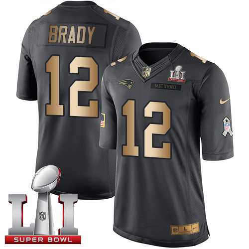 Nike New England Patriots #12 Tom Brady Black Super Bowl LI 51 Men's Stitched NFL Limited Gold Salute To Service Jersey