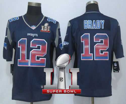Nike New England Patriots #12 Tom Brady Navy Blue Team Color Super Bowl LI 51 Men's Stitched NFL Limited Strobe Jersey