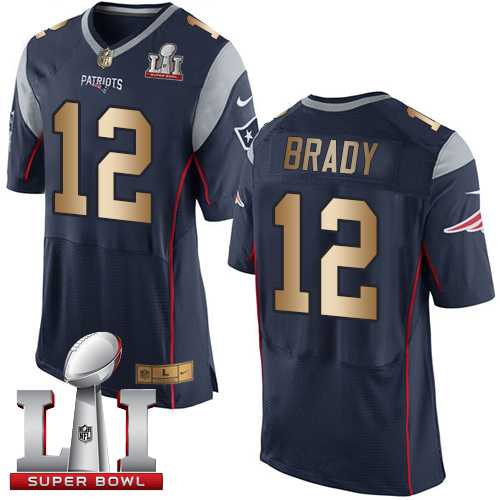 Nike New England Patriots #12 Tom Brady Navy Blue Team Color Super Bowl LI 51 Men's Stitched NFL New Elite Gold Jersey