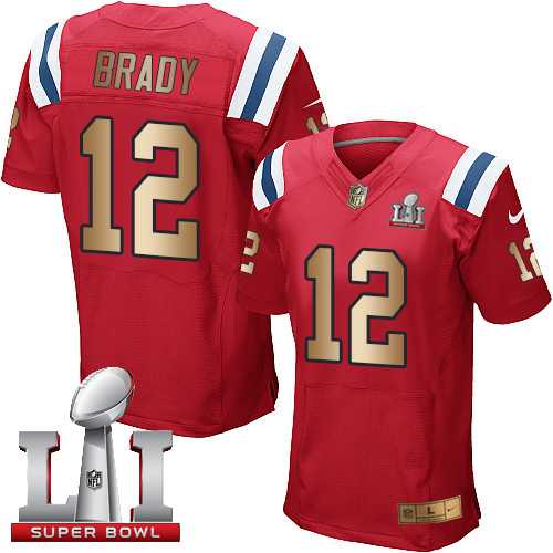 Nike New England Patriots #12 Tom Brady Red Alternate Super Bowl LI 51 Men's Stitched NFL Elite Gold Jersey