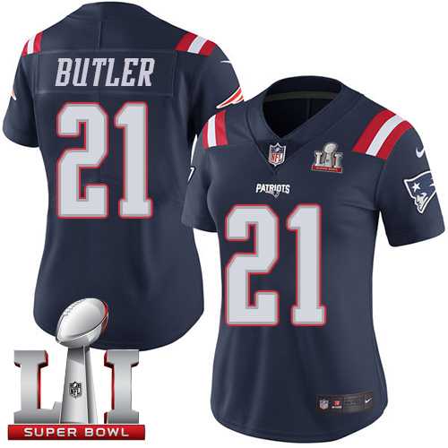 Nike New England Patriots #21 Malcolm Butler Navy Blue Super Bowl LI 51 Women's Stitched NFL Limited Rush Jersey