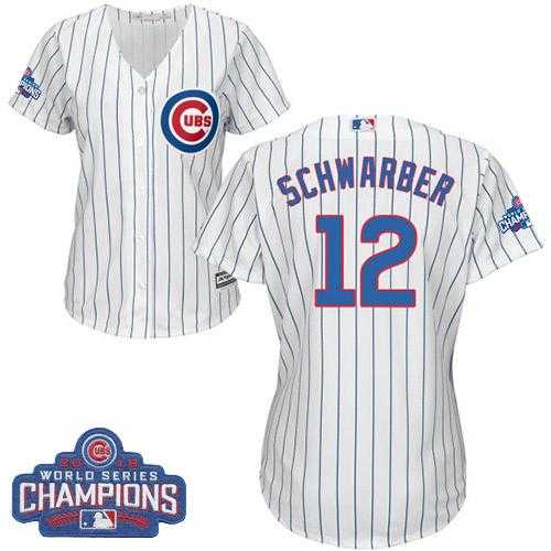 Women's Chicago Cubs #12 Kyle Schwarber White(Blue Strip) Home 2016 World Series Champions Stitched Baseball Jersey