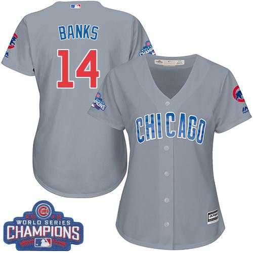 Women's Chicago Cubs #14 Ernie Banks Grey Road 2016 World Series Champions Stitched Baseball Jersey
