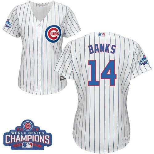 Women's Chicago Cubs #14 Ernie Banks White(Blue Strip) Home 2016 World Series Champions Stitched Baseball Jersey