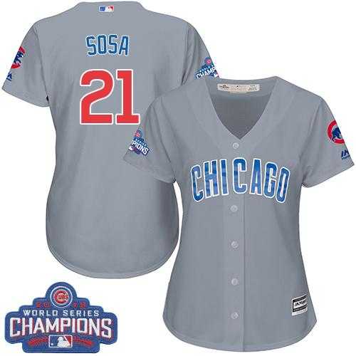 Women's Chicago Cubs #21 Sammy Sosa Grey Road 2016 World Series Champions Stitched Baseball Jersey