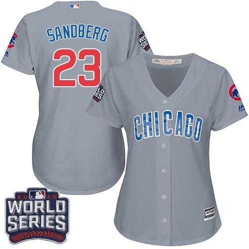 Women's Chicago Cubs #23 Ryne Sandberg Grey Road 2016 World Series Bound Stitched Baseball Jersey