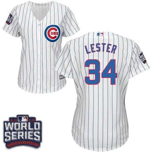 Women's Chicago Cubs #34 Jon Lester White(Blue Strip) Home 2016 World Series Bound Stitched Baseball Jersey