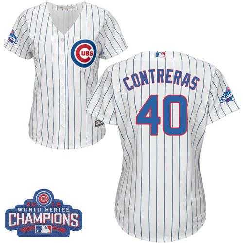 Women's Chicago Cubs #40 Willson Contreras White(Blue Strip) Home 2016 World Series Champions Stitched Baseball Jersey