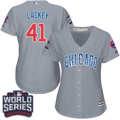 Women's Chicago Cubs #41 John Lackey Grey Road 2016 World Series Bound Stitched Baseball Jersey