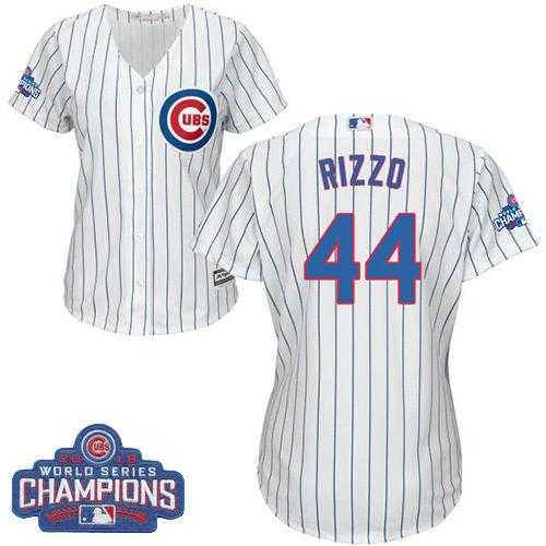 Women's Chicago Cubs #44 Anthony Rizzo White(Blue Strip) Home 2016 World Series Champions Stitched Baseball Jersey