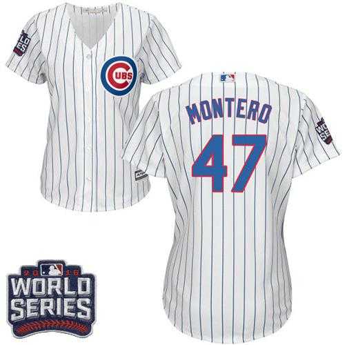 Women's Chicago Cubs #47 Miguel Montero White(Blue Strip) Home 2016 World Series Bound Stitched Baseball Jersey