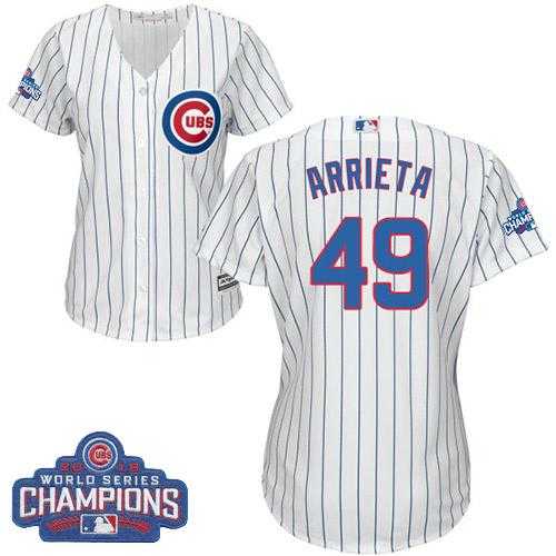 Women's Chicago Cubs #49 Jake Arrieta White(Blue Strip) Home 2016 World Series Champions Stitched Baseball Jersey