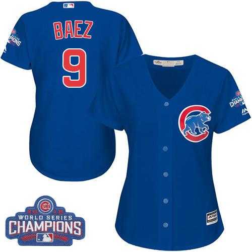 Women's Chicago Cubs #9 Javier Baez Blue Alternate 2016 World Series Champions Stitched Baseball Jersey